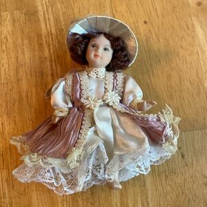 Vintage Porcelain Collectible Poseable Christmas Doll Ornaments 5" Brunette
